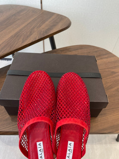 ALAIA 26S FLAT MULES IN RED SUEDE AND MESH RHINESTONE-EMBELLISHED