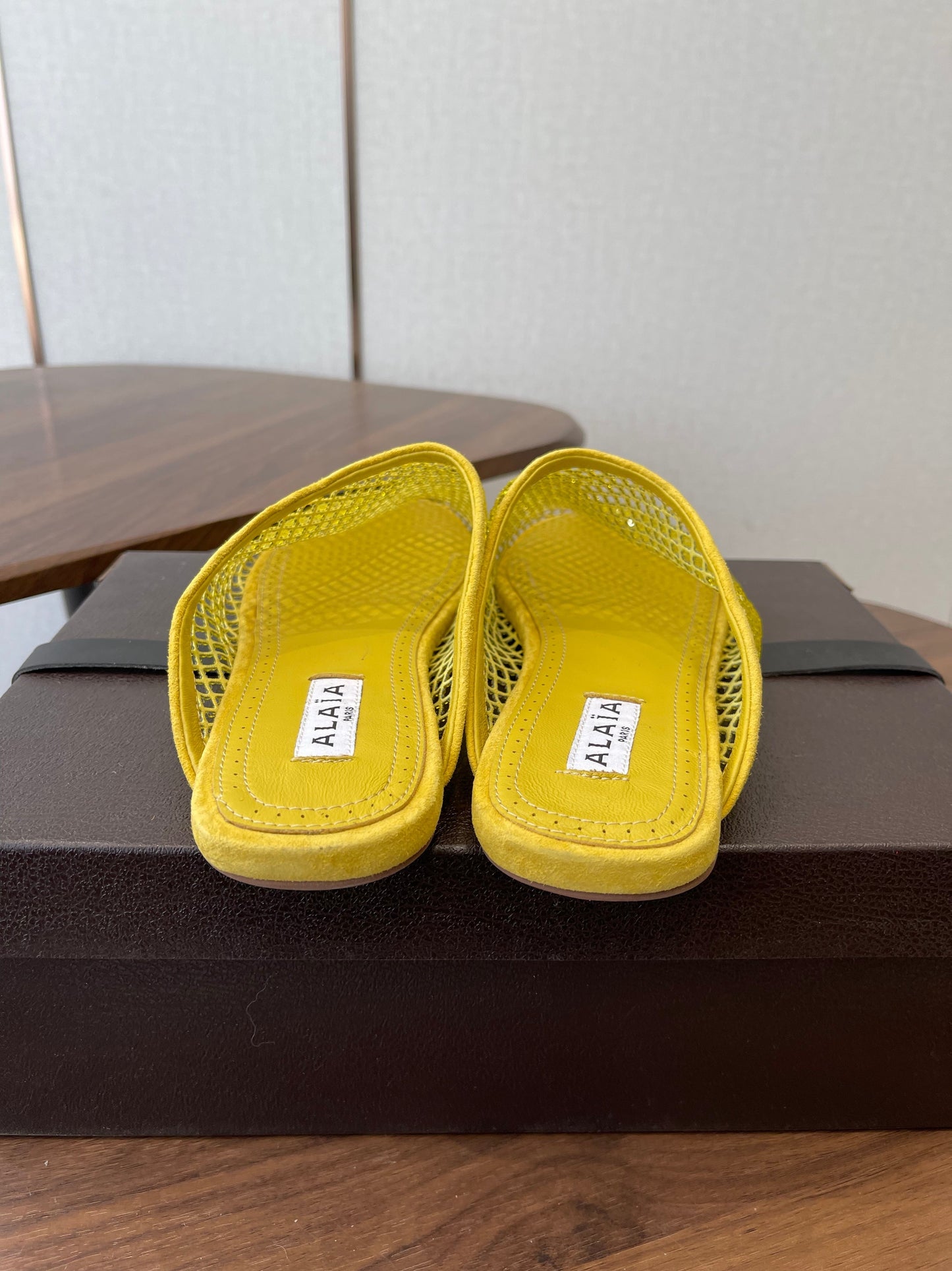 ALAIA 26S FLAT MULES IN DARK YELLOW SUEDE AND MESH RHINESTONE-EMBELLISHED