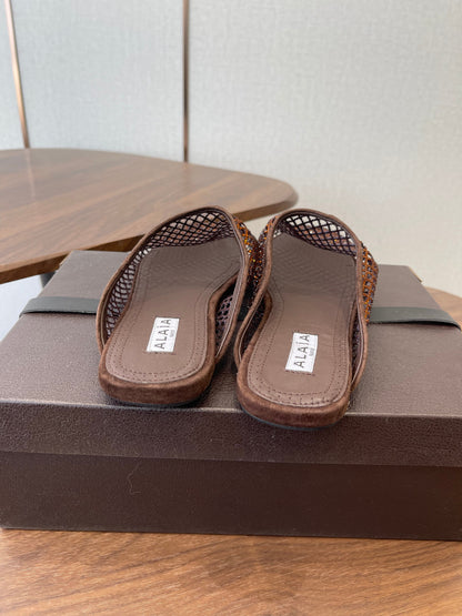 ALAIA 26S FLAT MULES IN DARK BROWN SUEDE AND MESH RHINESTONE-EMBELLISHED