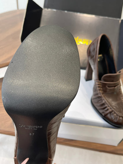YSL 26S HEELED LOAFERS 100 MM IN DARK BROWN CALFSKIN