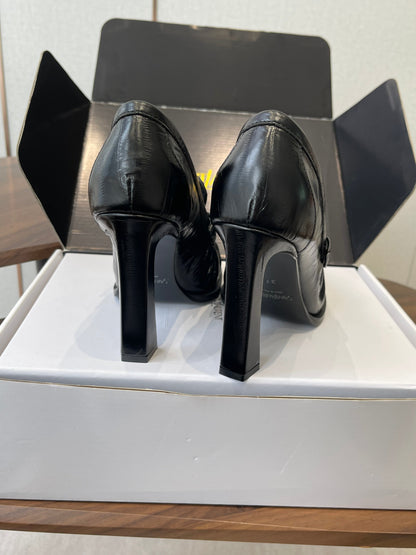 YSL 26S HEELED LOAFERS 100 MM IN BLACK SHINY CALFSKIN