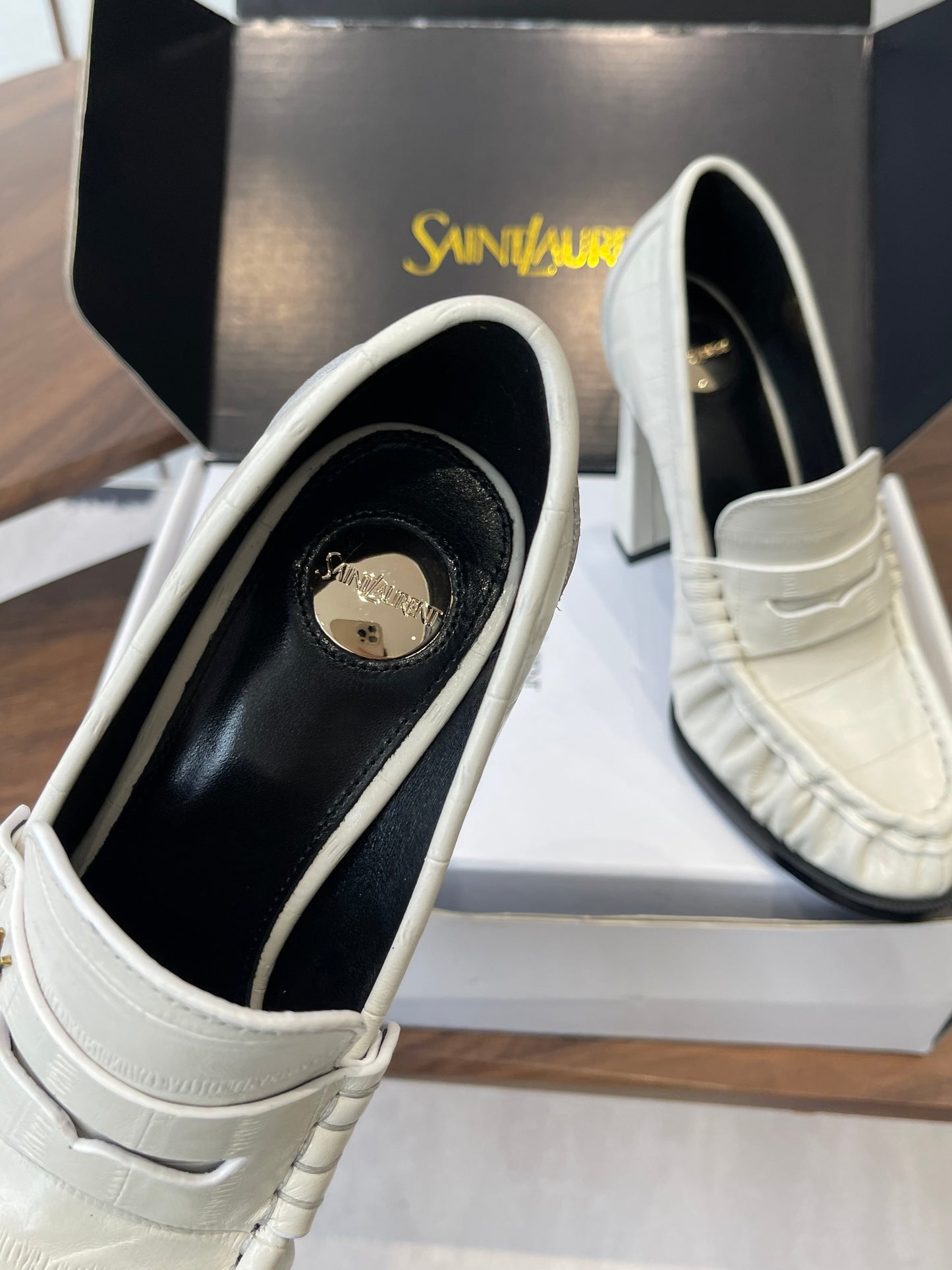 YSL 26S HEELED LOAFERS 100 MM IN WHITE CALFSKIN