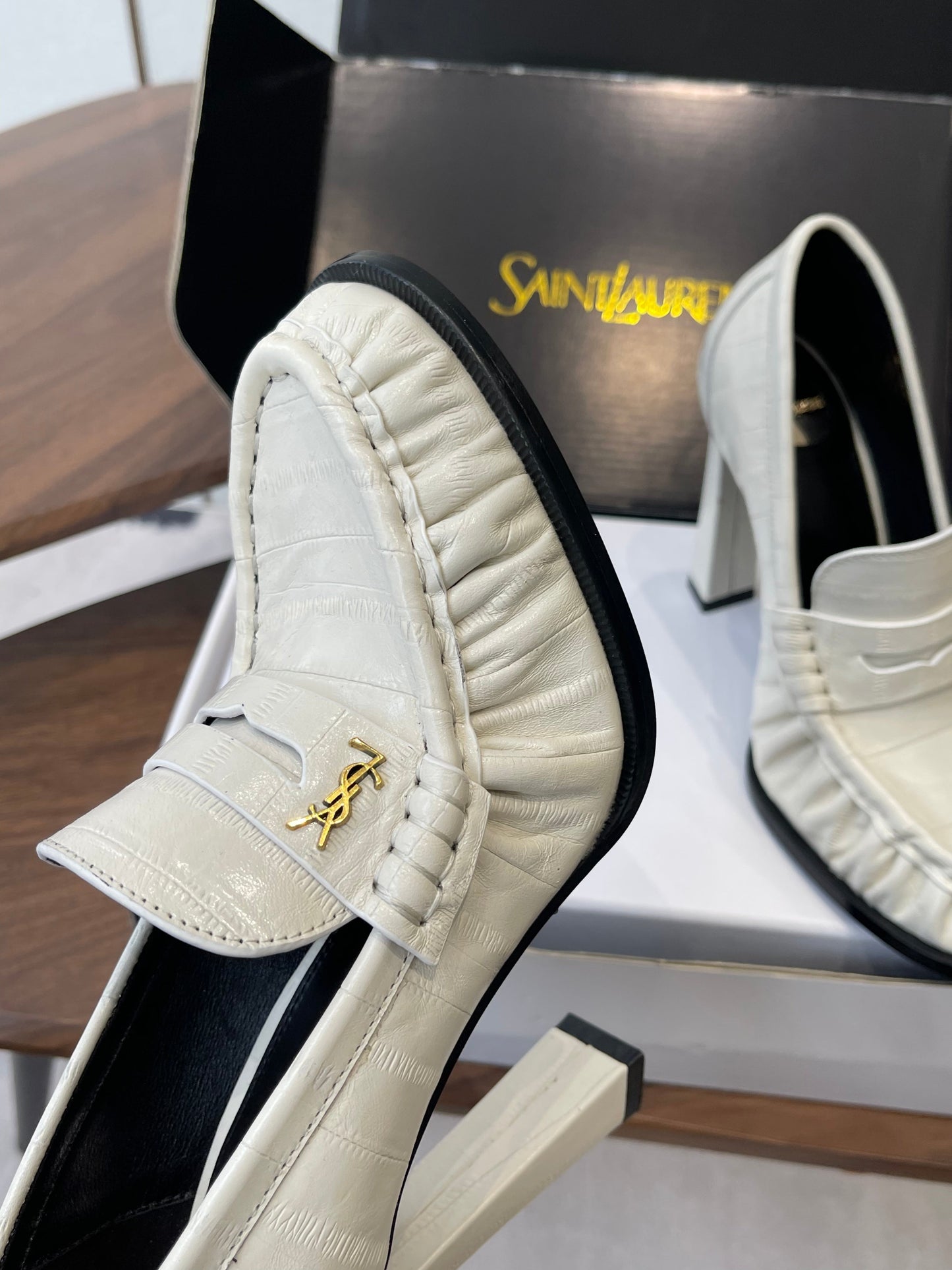 YSL 26S HEELED LOAFERS 100 MM IN WHITE CALFSKIN