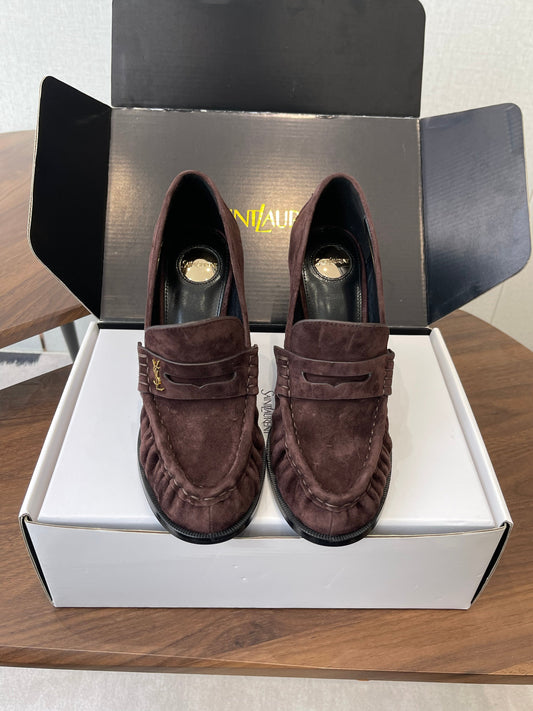 YSL 26S HEELED LOAFERS 100 MM IN WINE BROWN SUEDE