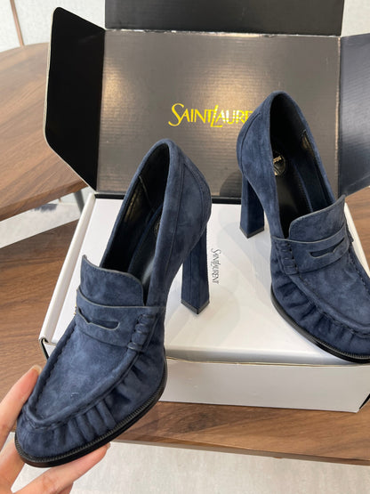 YSL 26S HEELED LOAFERS 100 MM IN DARK STEEL BLUE SUEDE