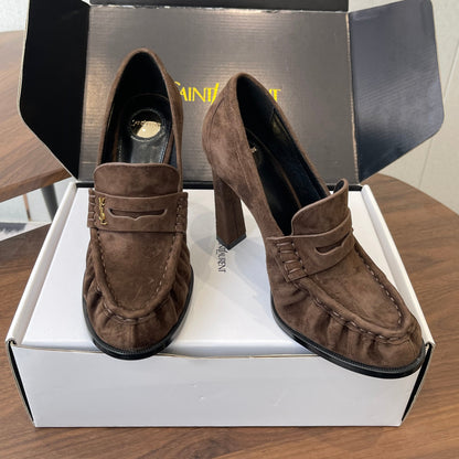 YSL 26S HEELED LOAFERS 100 MM IN DARK BROWN SUEDE