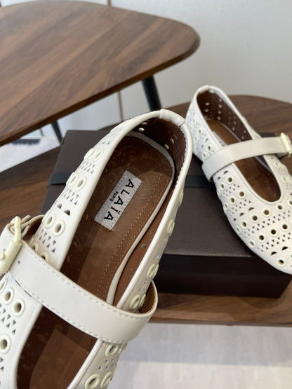 ALAIA 26S MARY JANE FLATS IN WHITE LAMBSKIN