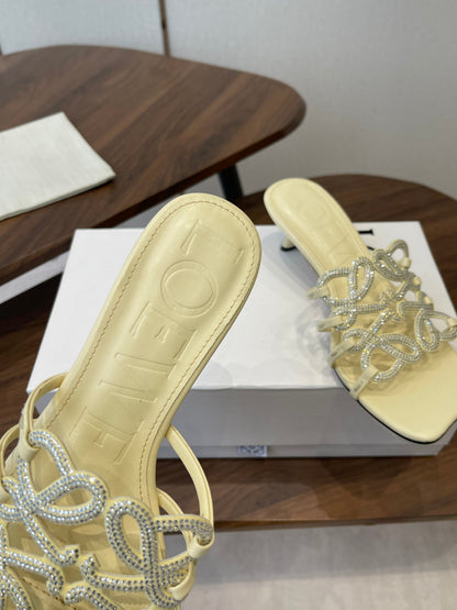LOEWE 26S HIGH HEEL SANDALS IN LIGHT YELLOW CALFSKIN WITH CRYSTALS
