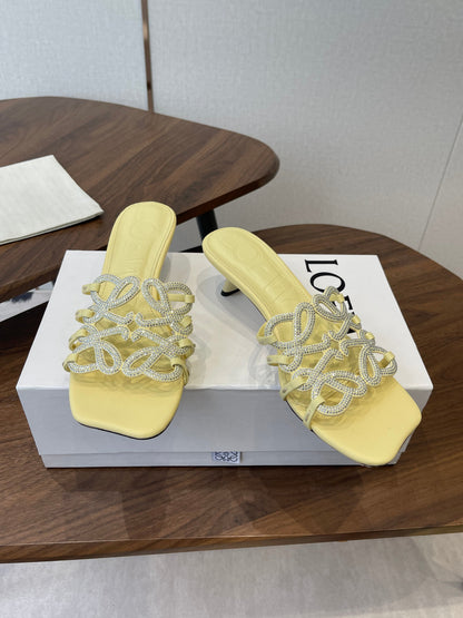 LOEWE 26S HIGH HEEL SANDALS IN BUTTER YELLOW CALFSKIN WITH CRYSTALS