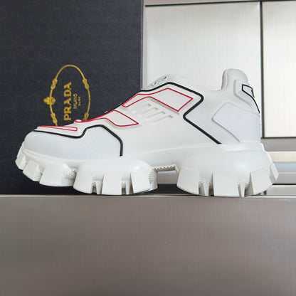 PRADA 26S CLOUDBUST THUNDER SNEAKERS 60MM IN WHITE AND RED MESH FABRIC AND TPU