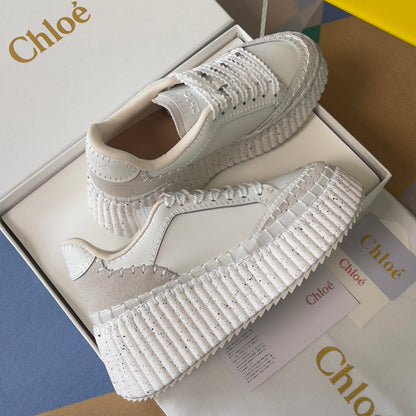 CHLOÉ 26S WEDGE SNEAKERS 70 MM IN WHITE CALFSKIN