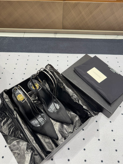 L'ENTRACTE SLINGBACK PUMPS IN BLACK SATIN