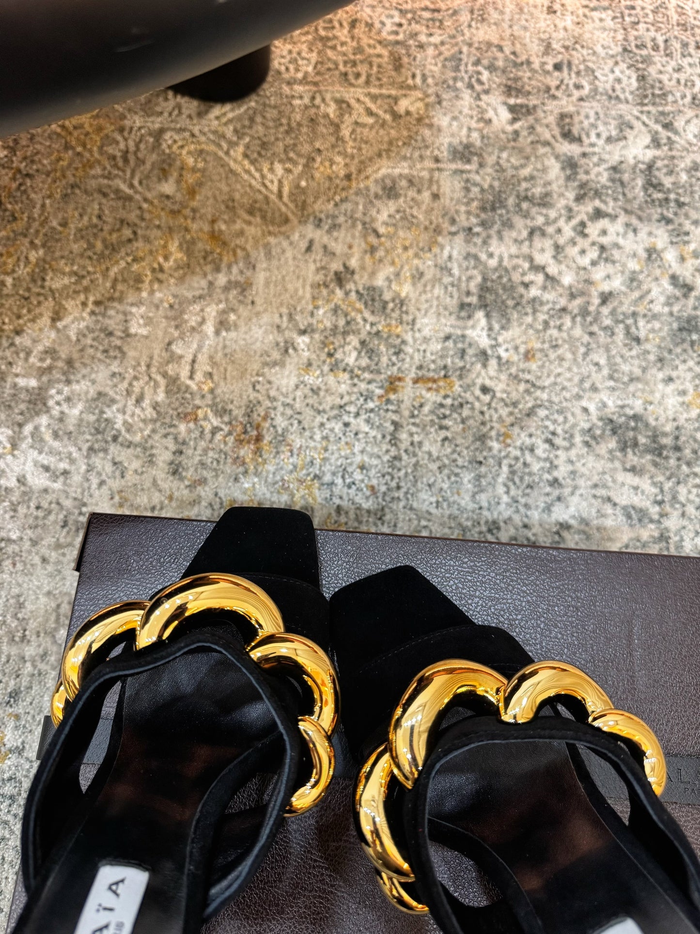 ALAIA 26S DOUBLE STRAP WEDGE SANDALS 110 MM IN BLACK SUEDE WITH GOLD HARDWARE