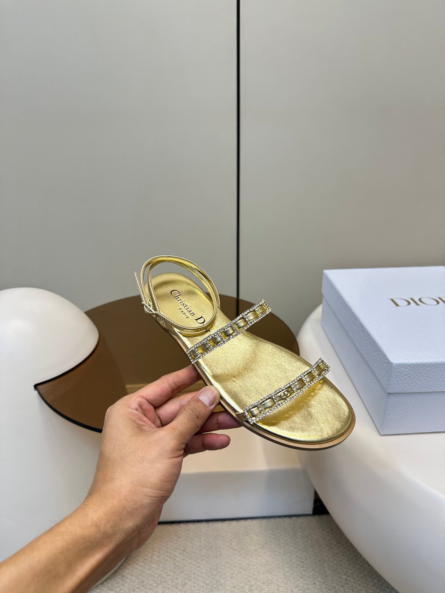 FLAT SANDALS 25S IN SHINY GOLD CALFSKIN RHINESTONES STRAP