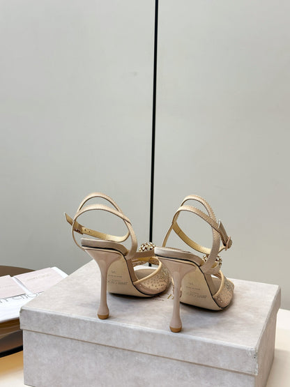 JIMMY CHOO 26S HEELED SANDALS 100 MM IN BEIGE CRYSTAL EMBELLISHMENT