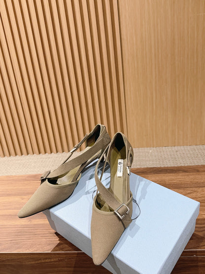 PRADA 26S SLINGBACK KITTEN HEELS 45MM IN LIGHT BROWN FABRIC STRAP BUCKLE