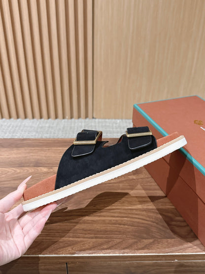 LP 26S DOUBLE BUCKLE SLIDES IN BLACK SUEDE GOLD HARDWARE