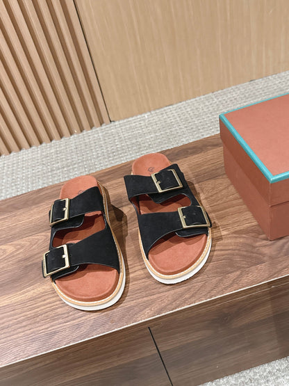 LP 26S DOUBLE BUCKLE SLIDES IN BLACK SUEDE GOLD HARDWARE