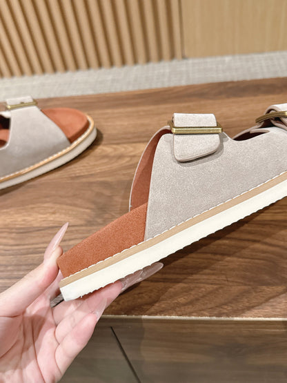 LP 26S DOUBLE BUCKLE SLIDES IN LIGHT GREY SUEDE GOLD HARDWARE