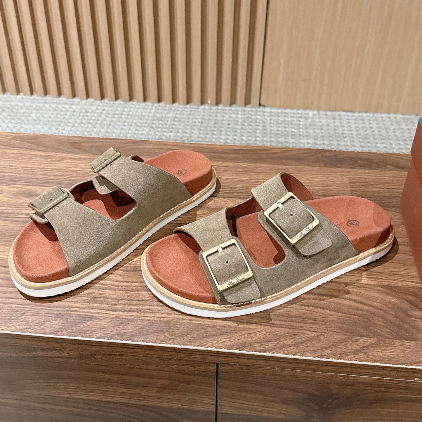 LP 26S DOUBLE BUCKLE SLIDES IN OLIVE BROWN SUEDE GOLD HARDWARE