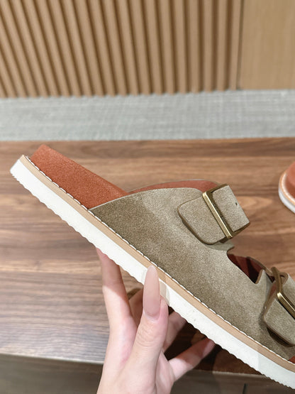 LP 26S DOUBLE BUCKLE SLIDES IN OLIVE BROWN SUEDE GOLD HARDWARE