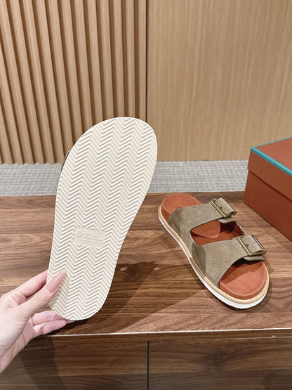 LP 26S DOUBLE BUCKLE SLIDES IN OLIVE BROWN SUEDE GOLD HARDWARE