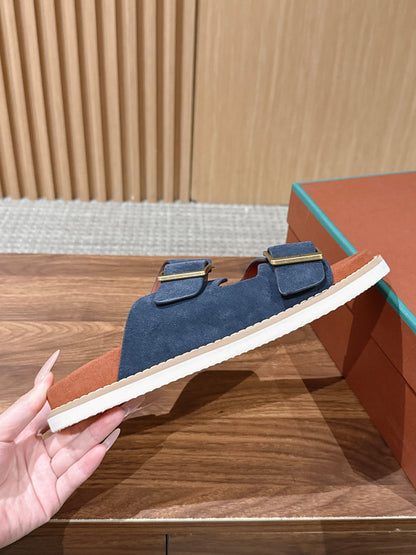 LP 26S DOUBLE BUCKLE SLIDES IN NAVY BLUE SUEDE GOLD HARDWARE