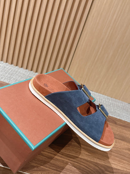 LP 26S DOUBLE BUCKLE SLIDES IN NAVY BLUE SUEDE GOLD HARDWARE