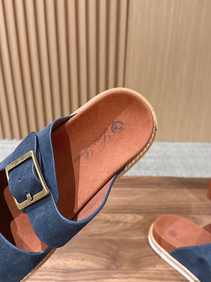 LP 26S DOUBLE BUCKLE SLIDES IN NAVY BLUE SUEDE GOLD HARDWARE