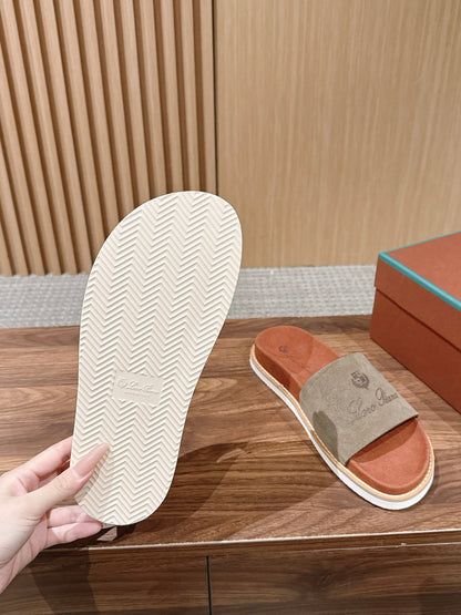 LP 26S SLIDES SANDAL IN OLIVE BROWN SUEDE WITH LOGO