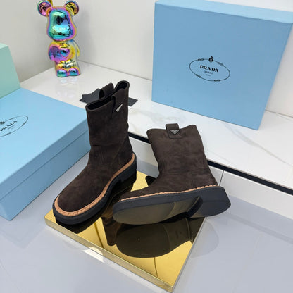 PRADA 25S HIGH MARTIN BOOTS 50MM IN DARK BROWN SUEDE