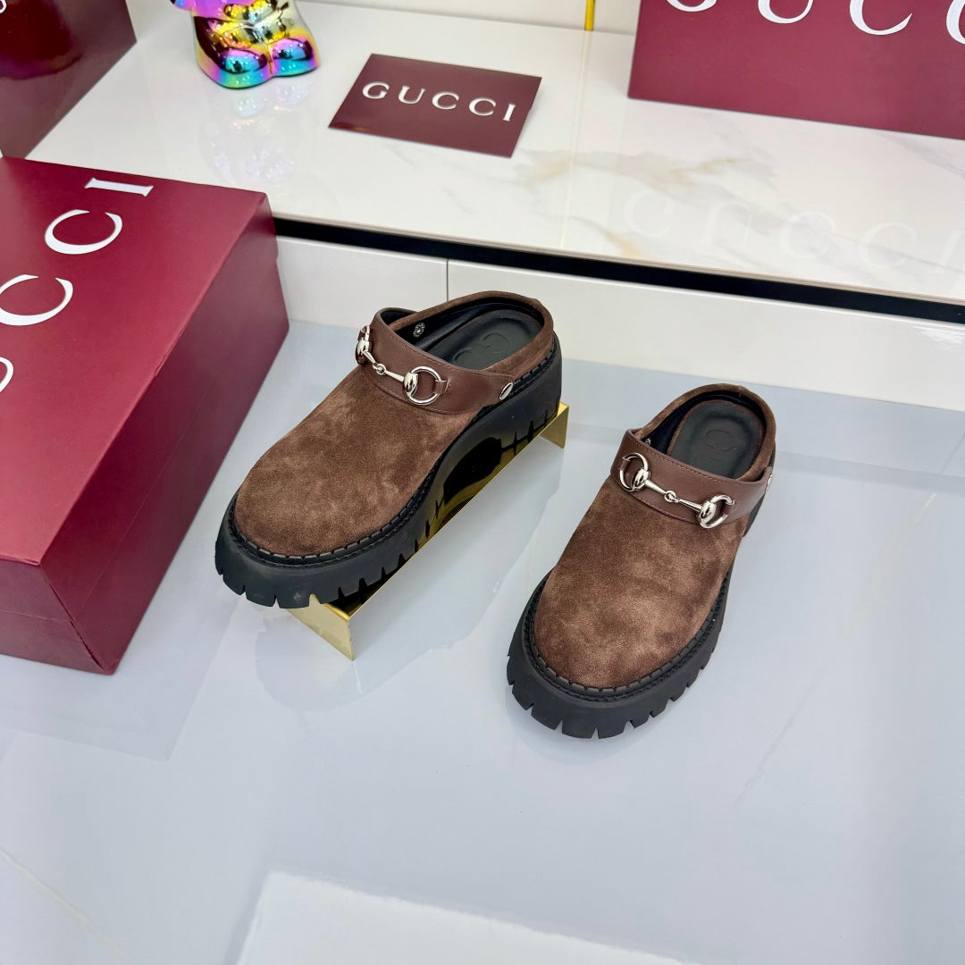 GG PLATFORM MULES 25S IN BROWN SUEDE
