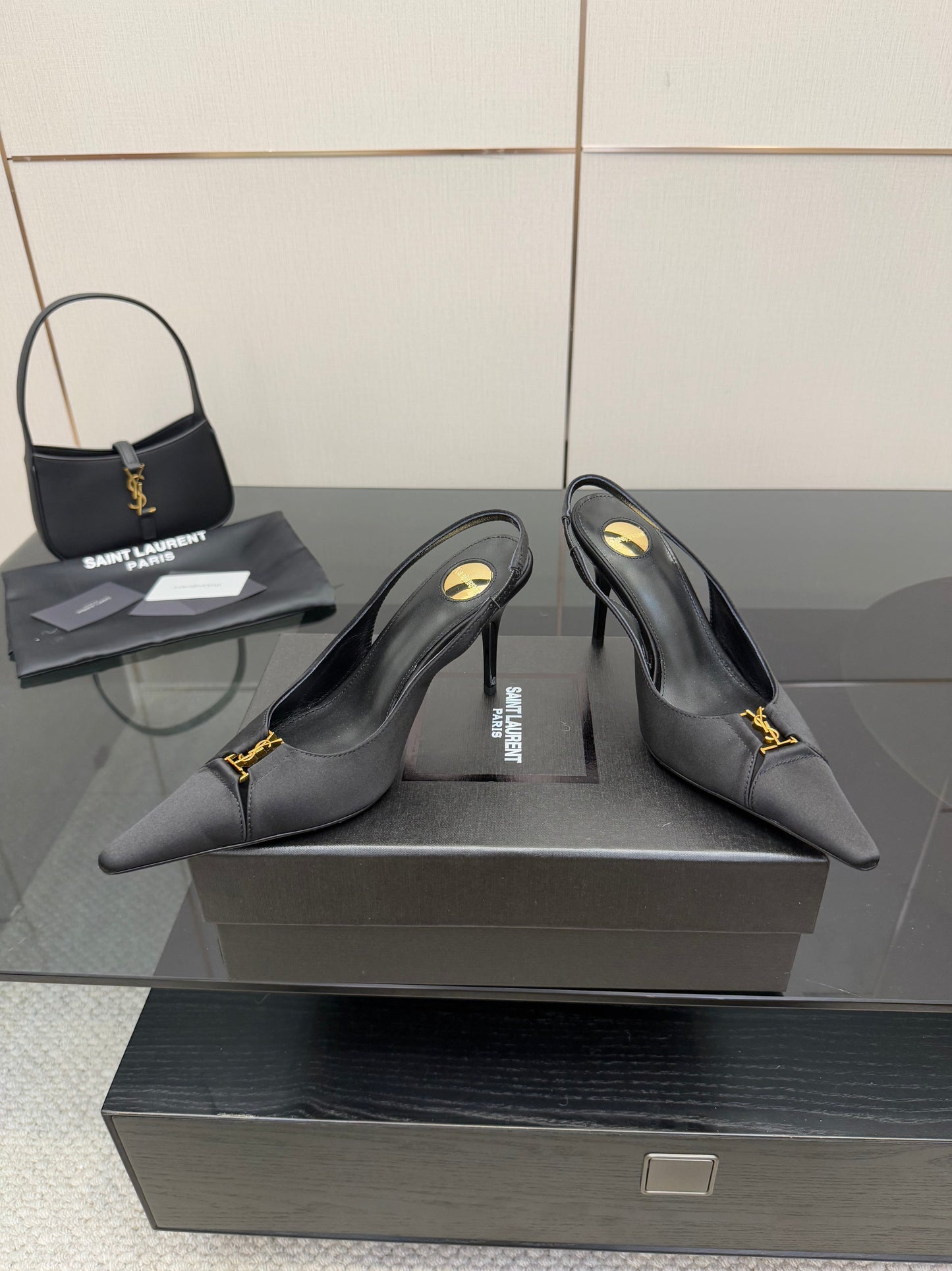 YSL 25S SLINGBACK HIGH HEELS 90 MM IN BLACK SATIN WITH GOLD HARDWARE STYLE 18