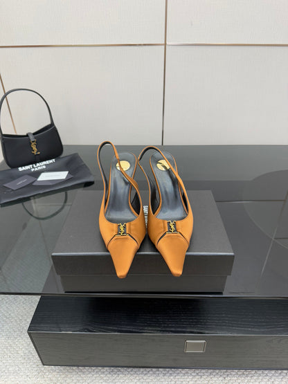YSL 25S SLINGBACK HIGH HEELS 90 MM IN DARK ORANGE SATIN WITH GOLD HARDWARE STYLE 16