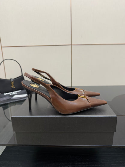 YSL 25S SLINGBACK HIGH HEELS 90 MM IN CHESTNUT BROWN LAMBSKIN WITH GOLD HARDWARE STYLE 12