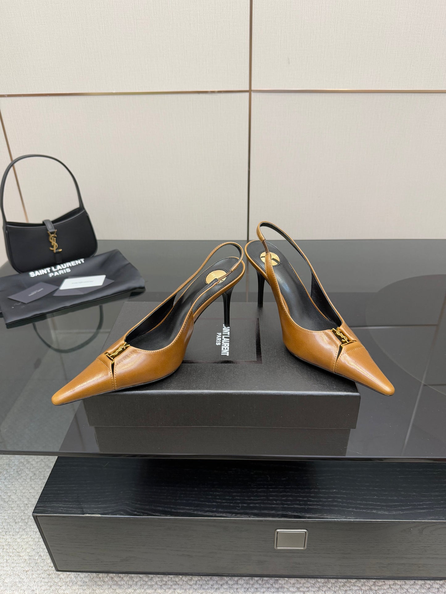 YSL 25S SLINGBACK HIGH HEELS 90 MM IN COPPER BROWN LAMBSKIN WITH GOLD HARDWARE STYLE 11