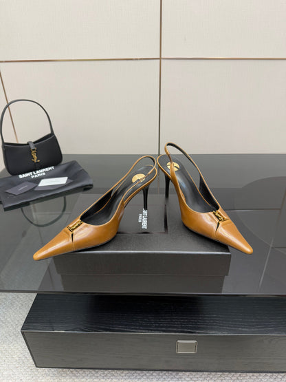 YSL 25S SLINGBACK HIGH HEELS 90 MM IN COPPER BROWN LAMBSKIN WITH GOLD HARDWARE STYLE 11