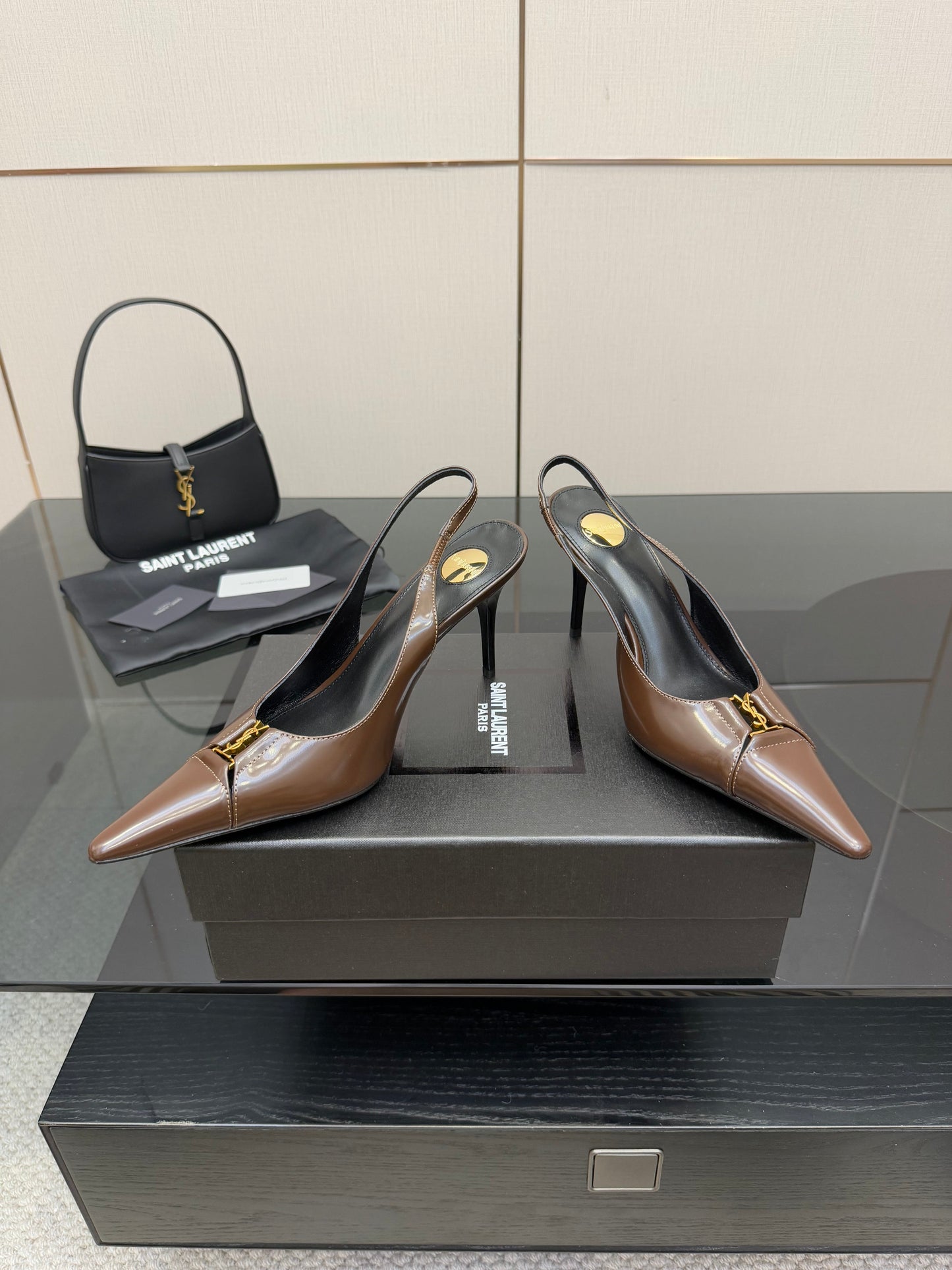 YSL 25S SLINGBACK HIGH HEELS 90 MM IN CHOCOLATE BROWN LAMBSKIN WITH GOLD HARDWARE YSL 25S SLINGBACK HIGH HEELS 90 MM IN CHOCOLATE BROWN LAMBSKIN WITH GOLD HARDWARE STYLE 7