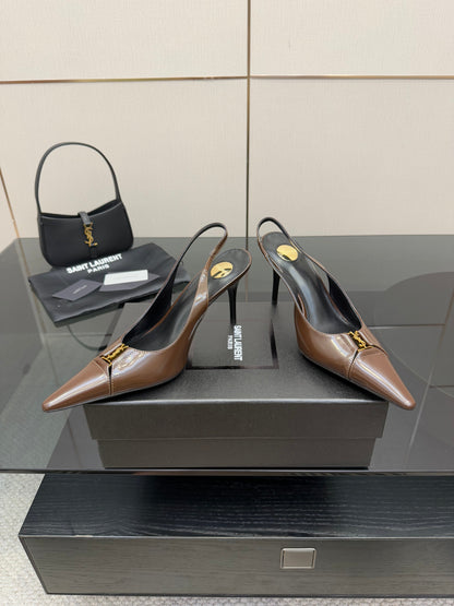 YSL 25S SLINGBACK HIGH HEELS 90 MM IN CHOCOLATE BROWN LAMBSKIN WITH GOLD HARDWARE YSL 25S SLINGBACK HIGH HEELS 90 MM IN CHOCOLATE BROWN LAMBSKIN WITH GOLD HARDWARE STYLE 7