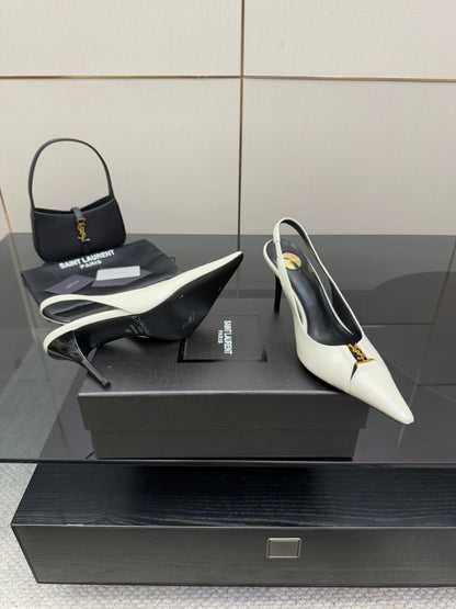 YSL 25S SLINGBACK HIGH HEELS 90 MM IN WHITE LAMBSKIN WITH GOLD HARDWARE STYLE 6