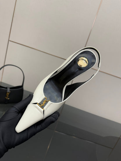 YSL 25S SLINGBACK HIGH HEELS 90 MM IN WHITE LAMBSKIN WITH GOLD HARDWARE STYLE 6