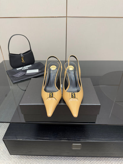 YSL 25S SLINGBACK HIGH HEELS 90 MM IN DARK BEIGE LAMBSKIN WITH GOLD HARDWARE STYLE 5
