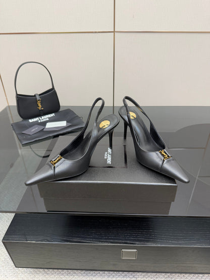 YSL 25S SLINGBACK HIGH HEELS 90 MM IN BLACK SMOOTH LAMBSKIN WITH GOLD HARDWARE STYLE 3