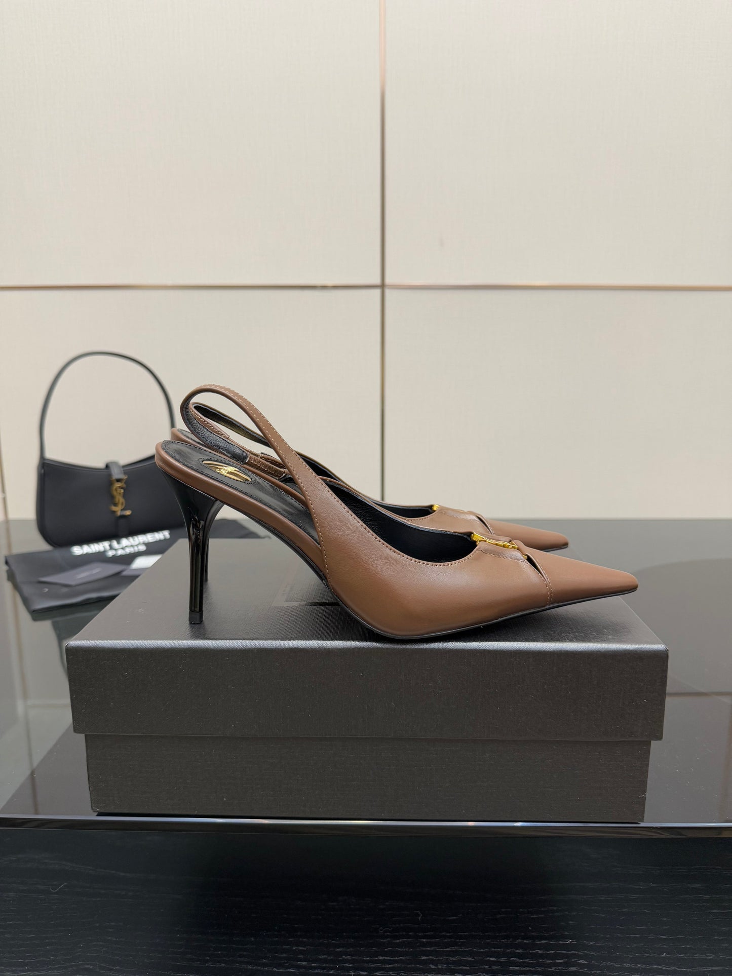 YSL 25S SLINGBACK HIGH HEELS 90 MM IN CHESTNUT BROWN LAMBSKIN WITH GOLD HARDWARE STYLE 1