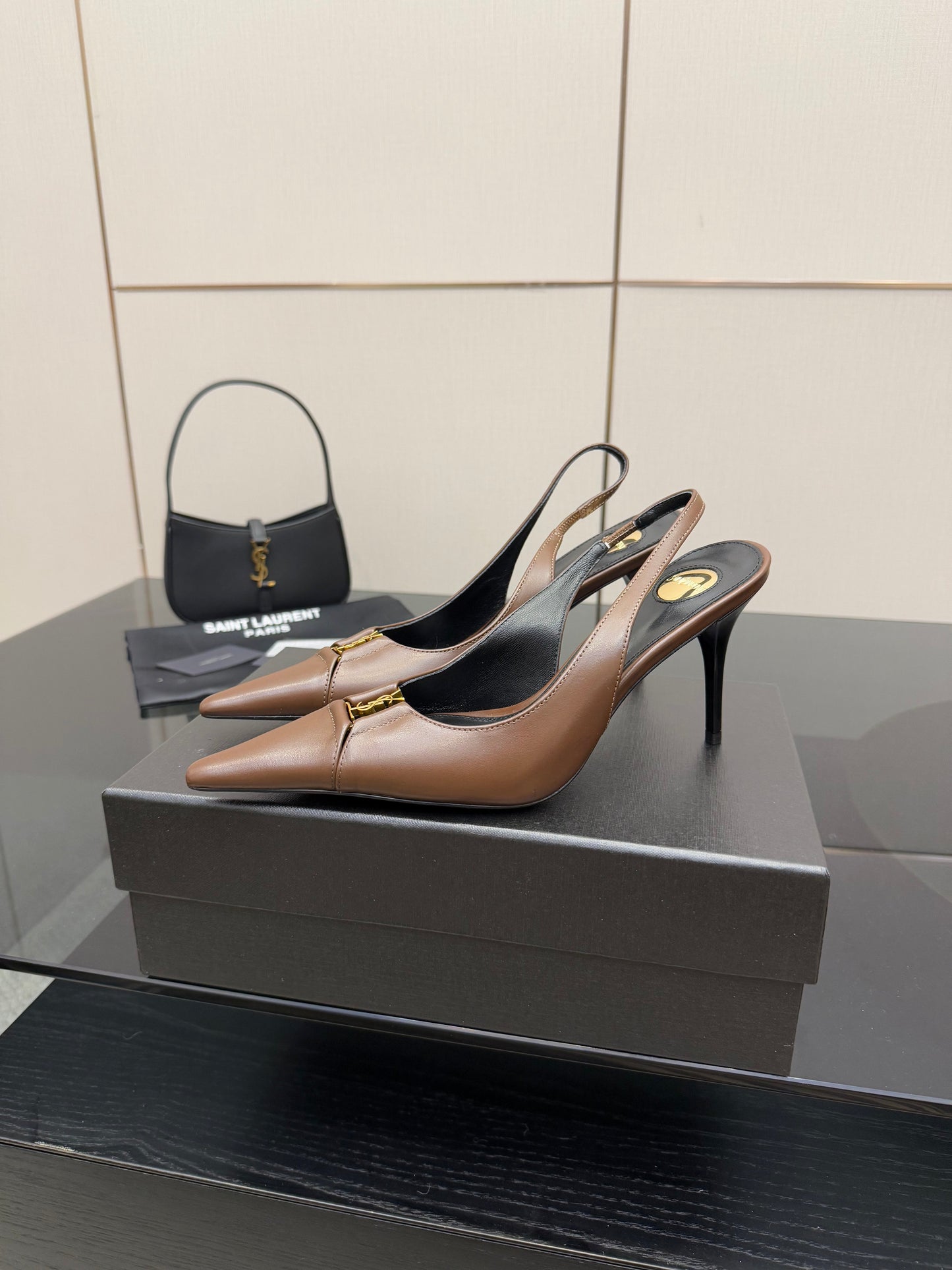 YSL 25S SLINGBACK HIGH HEELS 90 MM IN CHESTNUT BROWN LAMBSKIN WITH GOLD HARDWARE STYLE 1