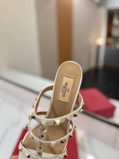 VALENTINO 26S HEELED SANDALS 60 MM IN CREAM WHITE CALFSKIN WITH GOLD STUDS