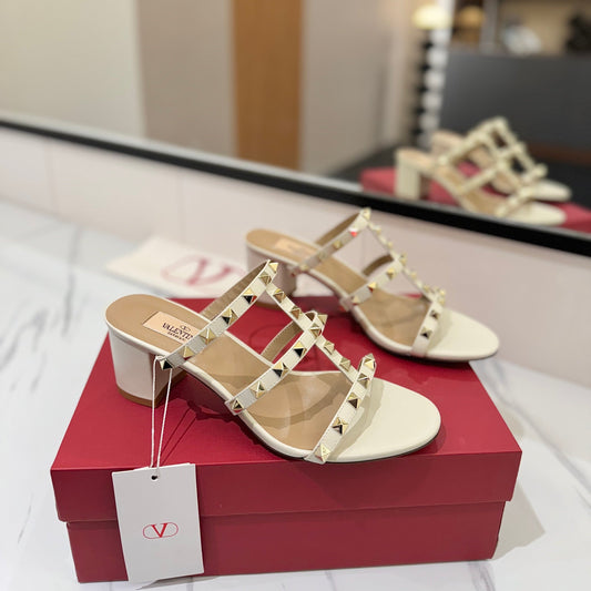 VALENTINO 26S HEELED SANDALS 60 MM IN CREAM WHITE CALFSKIN WITH GOLD STUDS