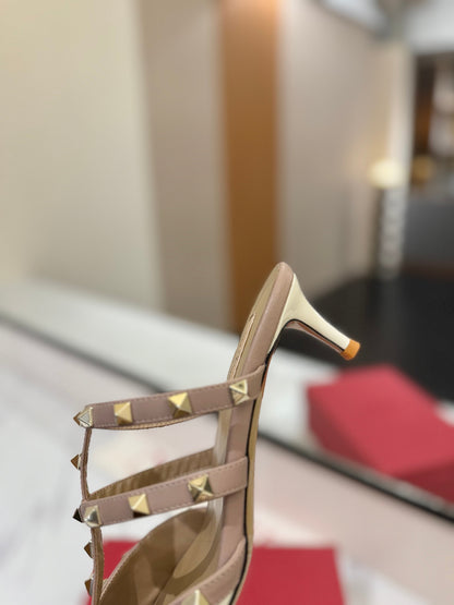VALENTINO 26S STUDDED HEELED MULES 50 MM IN WHITE PATENT CALFSKIN