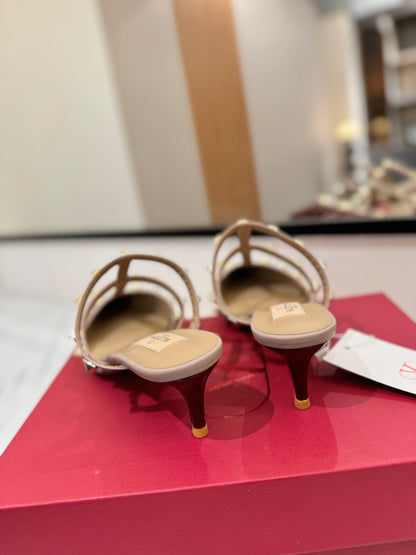 VALENTINO 26S STUDDED HEELED MULES 50 MM IN DARK RED PATENT CALFSKIN