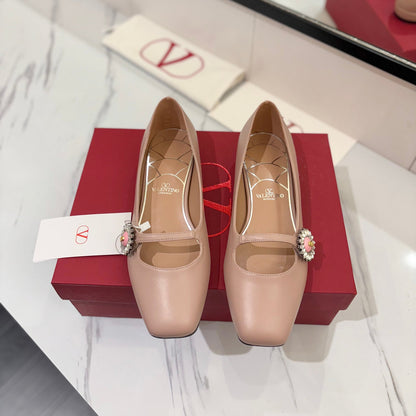 VALENTINO 26S MARY JANE FLATS IN NUDE PINK CALFSKIN WITH CRYSTAL FLOWER